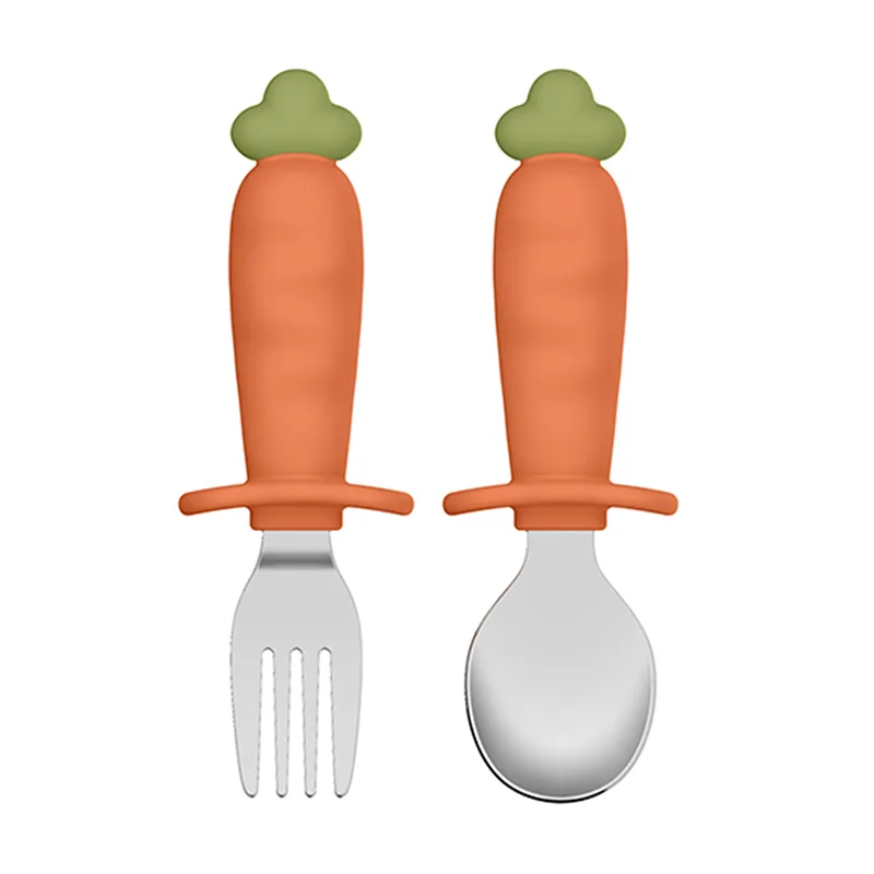 Carrot Shaped Silicone and 316L Stainless Steel Baby Fork and Spoon