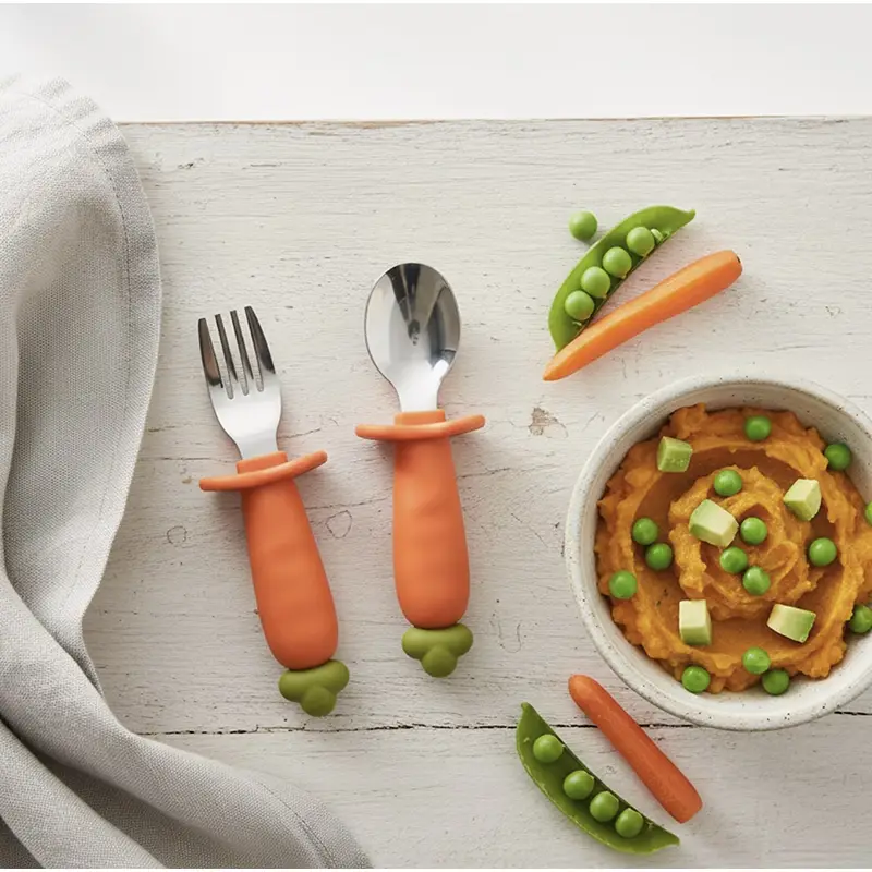 Carrot Shaped Silicone and 316L Stainless Steel Baby Fork and Spoon