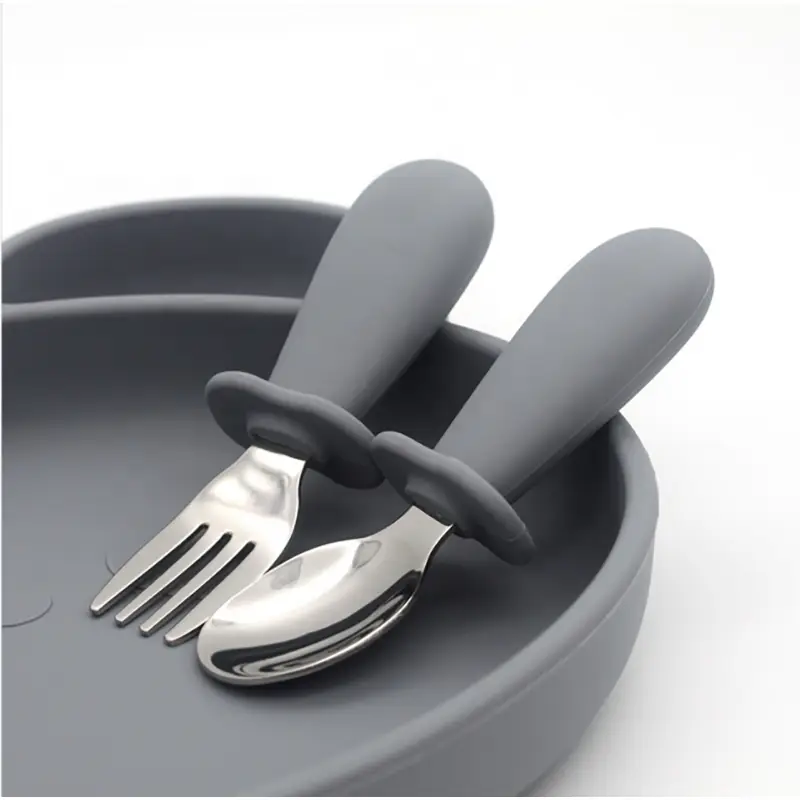 Silicone and 316L Stainless Steel Baby Fork and Spoon