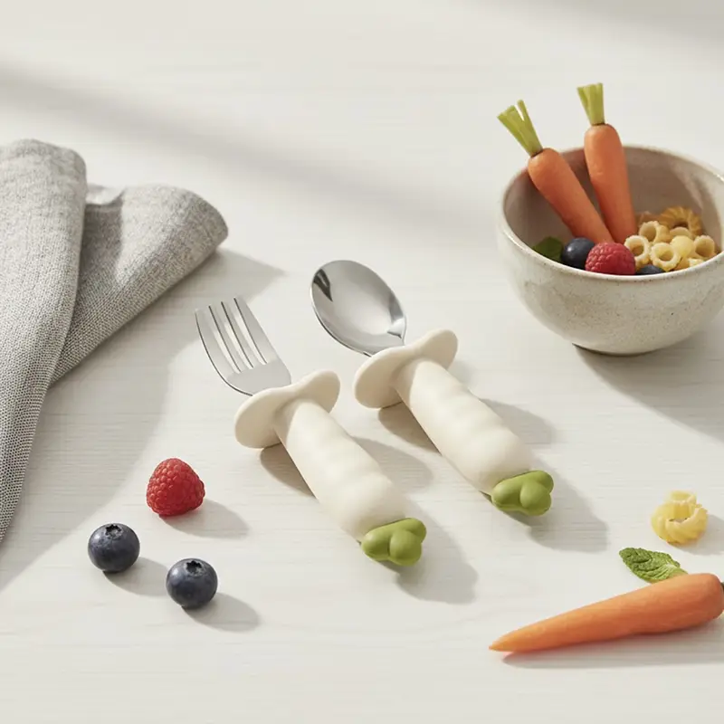 Carrot Shaped Silicone and 316L Stainless Steel Baby Fork and Spoon