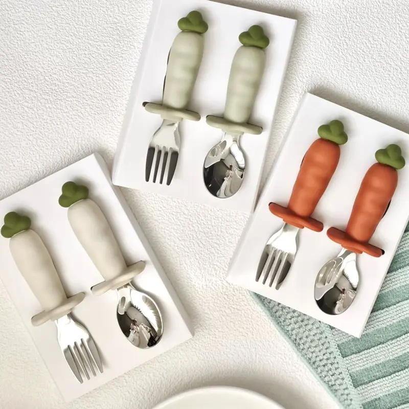 Carrot Shaped Silicone and 316L Stainless Steel Baby Fork and Spoon