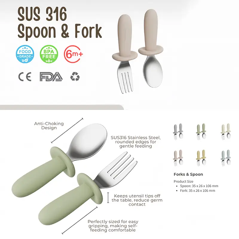 Silicone and 316L Stainless Steel Baby Fork and Spoon