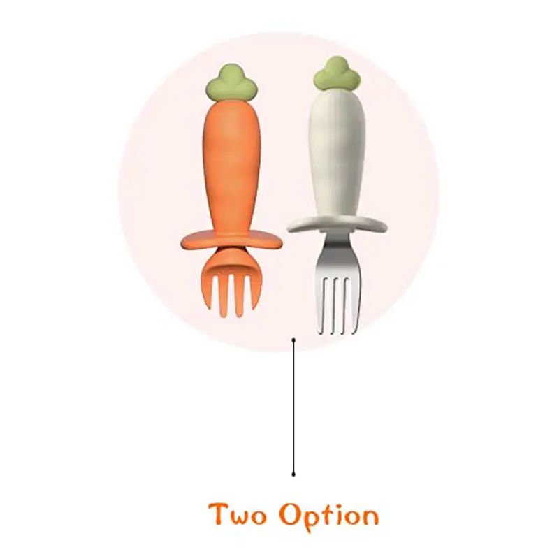 Carrot Shaped Silicone and 316L Stainless Steel Baby Fork and Spoon